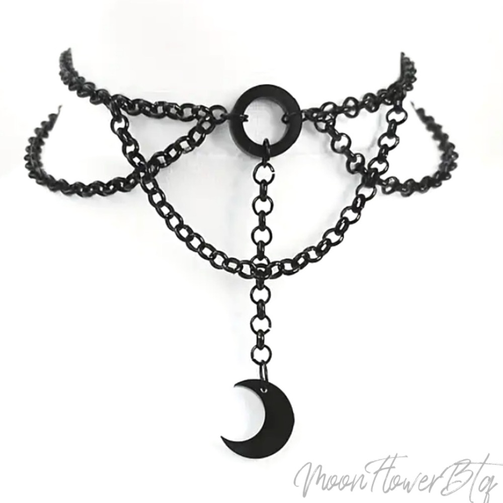 Gothic Crescent Moon Pendant Choker Necklace - Picture 7 of 7